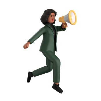 3d black business woman executive wearing a green suit pose standing with laptop, tablet, mobile phone, megaphone, 3d rendering png