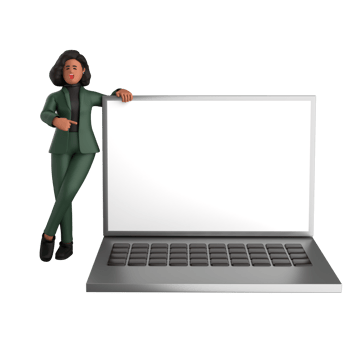 3d black business woman executive wearing a green suit pose standing with laptop, tablet, mobile phone, megaphone, 3d rendering png