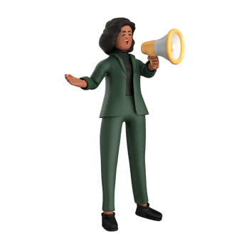 3d black business woman executive wearing a green suit pose standing with laptop, tablet, mobile phone, megaphone, 3d rendering png