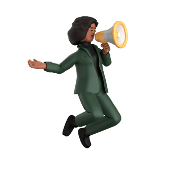 3d black business woman executive wearing a green suit pose standing with laptop, tablet, mobile phone, megaphone, 3d rendering png