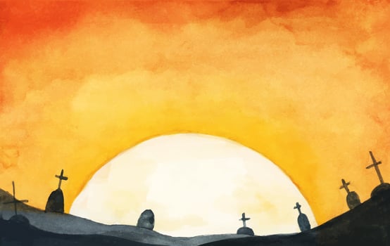 Watercolor painting of graveyard silhouette Halloween abstract Background vector