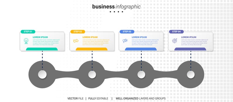 infographic template 4 step business planning to success multi colored rectagles with icon. template background design for marketing, finance, product. vector