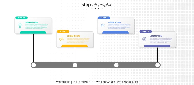 infographic template 4 step business planning to success multi colored rectagles with icon. template background design for marketing, finance, product. vector