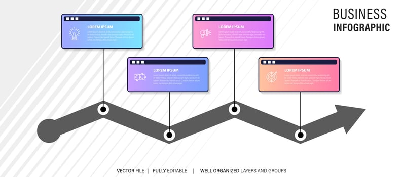 infographic template 4 step business planning to success multi colored rectagles with icon. template background design for marketing, finance, product. vector