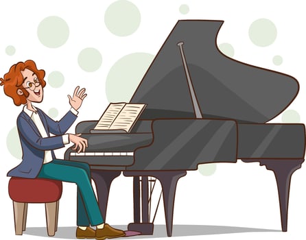 Man Pianist Playing Musical Composition on Grand Piano for Symphonic Orchestra or Opera Performance on Stage. Talented Artist Performing on Scene. Vector Illustration.