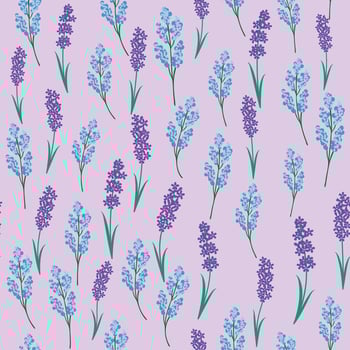 Botanical seamless print with various floral elements. Blue fields of lavender and chamomile. pattern with miniature flowers, vintage textile vector