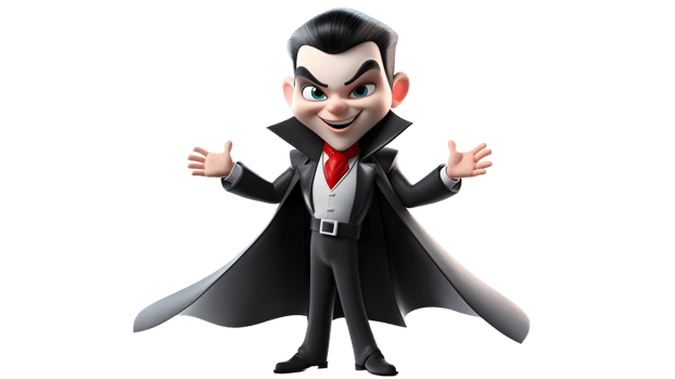 dracula cartoon character with black hair and red tie ai generative png