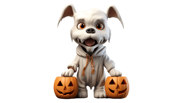 a cartoon dog dressed in halloween costume holding two pumpkins ai generative png