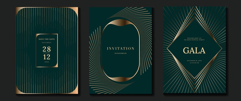 Luxury invitation card background vector. Golden curve elegant, gold lines gradient on dark green color background. Premium design illustration for gala card, grand opening, party invitation, wedding. vector