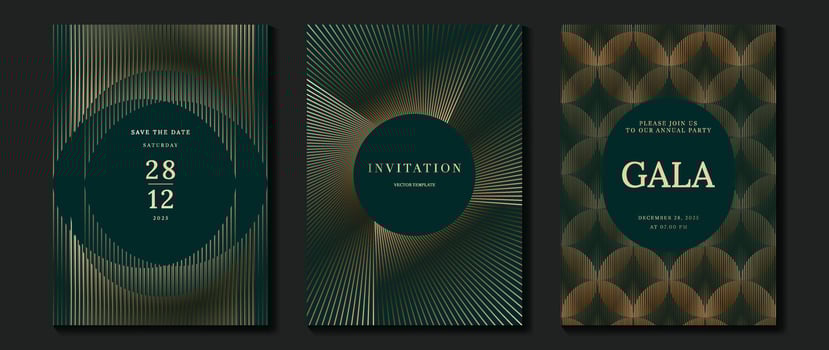 Luxury invitation card background vector. Golden curve elegant, gold lines gradient on dark green color background. Premium design illustration for gala card, grand opening, party invitation, wedding. vector