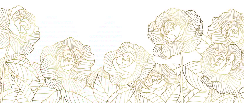 Luxury golden rose flower line art background vector. Natural botanical elegant flower with gold line art. Design illustration for decoration, wall decor, wallpaper, cover, banner, poster, card. vector