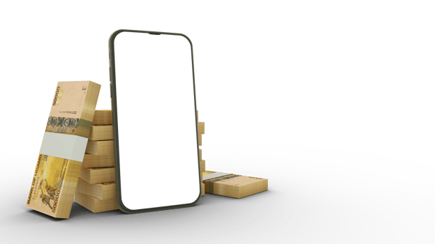 3D rendering of a mobile phone with blank screen in front of stacks of Ugandan shilling notes isolated on transparent background. png