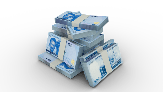 3d rendering of Stacks of 1000 Nigerian Naira notes. bundles of Nigerian currency notes isolated on transparent background png