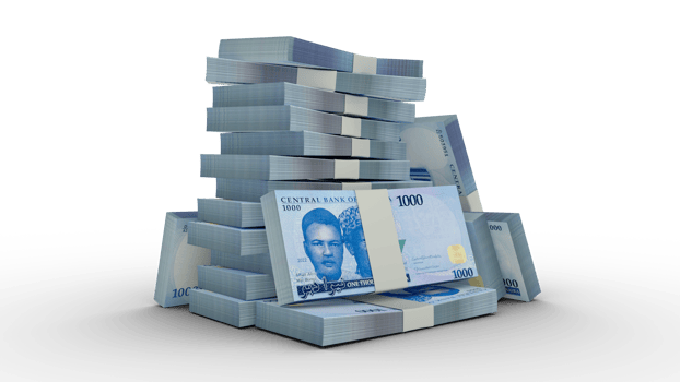 3d rendering of Stacks of 1000 Nigerian Naira notes. bundles of Nigerian currency notes isolated on transparent background png