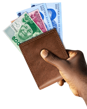 Black Hand Holding brown wallet With Nigerian naira notes isolated on a transparent background png