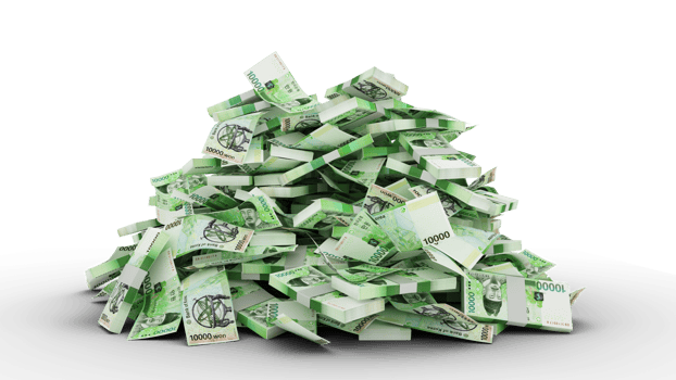 Big pile of Korean won notes. A lot of money isolated on transparent background. 3d rendering of bundles of cash png
