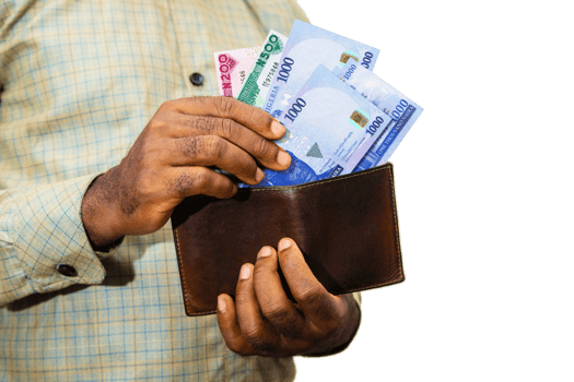Black person Holding brown wallet With Nigerian naira notes, hand removing money out of wallet over transparent background removing money from wallet png