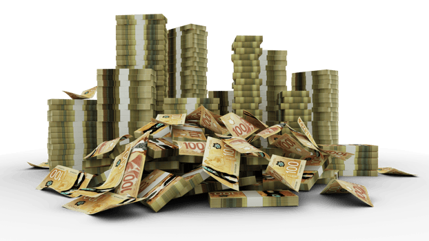 Big stacks of Canadian dollar notes. A lot of money isolated on transparent background. 3d rendering of bundles of cash png