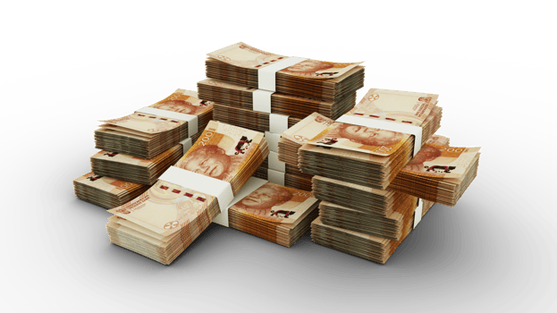 Stack of 200 South African Rand notes. 3D rendering of bundles of banknotes png
