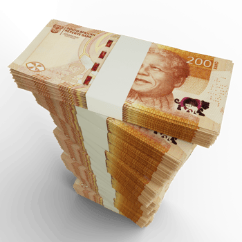 3D rendering of stacks of South African Rand notes arranged in a long single column. 3d rendering of bundles of cash png
