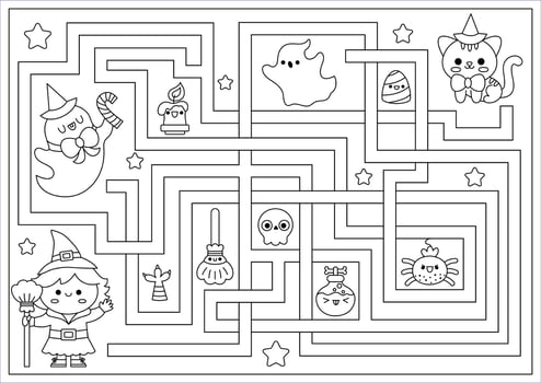 Halloween black and white maze for kids. Autumn holiday line preschool printable activity with cute kawaii witch, cat, ghost. Scary labyrinth coloring page with cute characters vector
