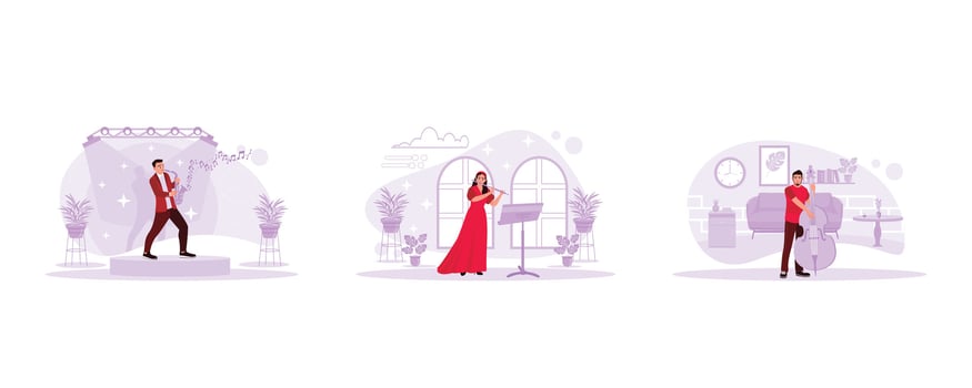 Male musician playing saxophone on stage. Beautiful woman playing the flute. Young musician playing double bass. Trend Modern vector flat illustration.