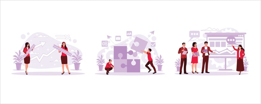 Woman carrying a ruler, Collaboration, two people in business connecting a jigsaw. Change management concept.Set Trend Modern vector flat illustration