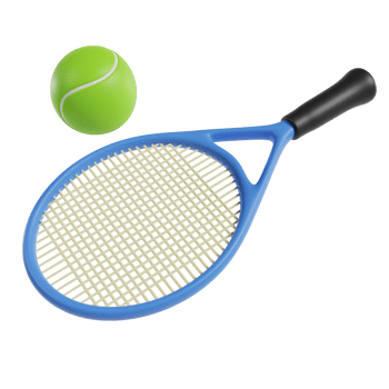 Sport equipment ,Blue Tennis racket and Yellow Tennis ball sports equipment isolated On White background PNG File.