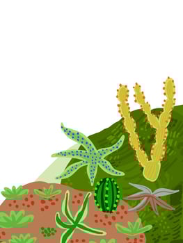 Beautiful postcard with cactuses composition on white. Stylish Mexican landscape, decorative exotical plants home garden vector