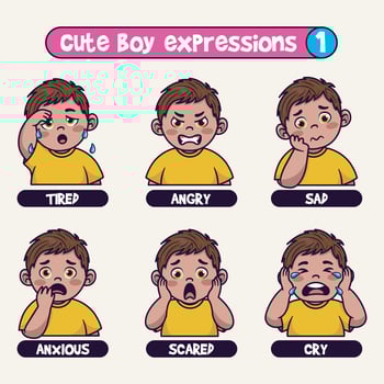 Cute boy in various expressions cartoon vector icon illustration. Hand drawn emotes element collection.