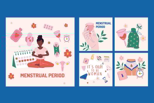Flat Menstruation period woman instagram posts collection. Social media vector