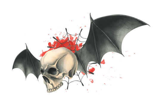 Side view of a human skull with black bat wings with a bloodstain and cobwebs for the holiday of Death Day and Halloween. Watercolor illustration, hand drawn. Composition png