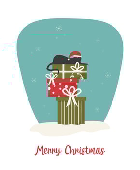 Christmas card with gift boxes and a black cat. Concept vector illustration in flat style.