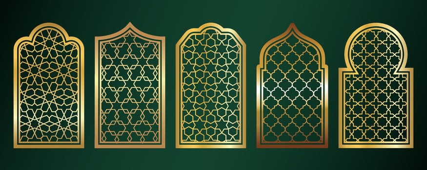 Golden amadan windows. Islamic door frames with ornament. Arabic mosque arch on green background. Islamic vector decoration