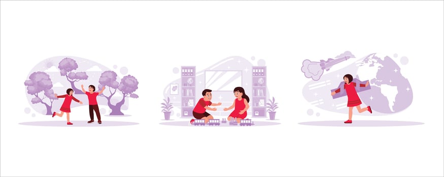 Children playing outdoors, children playing with trains and blocks, children playing with astronaut costumes. concept of Kids playing vector