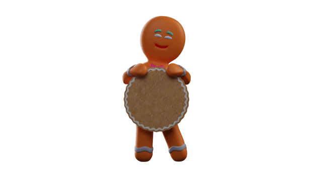 3D illustration. Cute Gingerbread 3D Cartoon Character. Gingerbread carries a circle board which he shows to his friends. Gingerbread smiles happily will celebrate Christmas. 3D Cartoon Character png