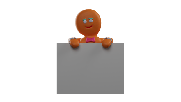 3D illustration. Gingerbread 3D Cartoon Character. Gingerbread stands behind a large white board. Gingerbread smiles cutely while holding the board with both hands. 3D Cartoon Character png