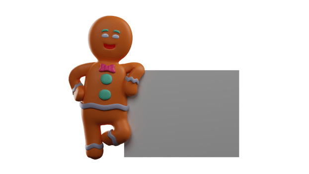 3D illustration. Charming Gingerbread 3D Cartoon Character. Gingerbread leaned against the blackboard beside him. Gingerbread stands in a cool pose. Gingerbread with cute smile. 3D Cartoon Character png