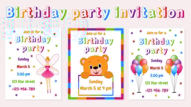 Vector illustration. Collection of invitation cards for children's birthday. Multicolored balloons, teddy bear, fairy