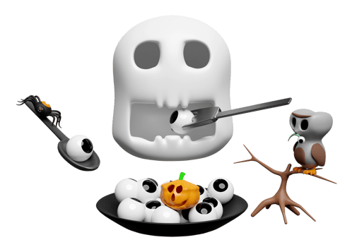 3d halloween day concept with skull eats eyeball, pumpkin head in plate, cute ghost owl perched on branch isolated. holiday party, 3d render illustration png