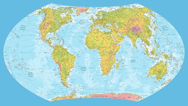 Detailed physical world map Wagner VII projection vector