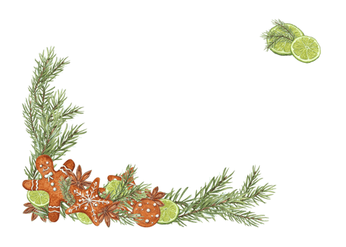 Frame of watercolor Christmas tree branch, Star Anise, Lime slices, Gingerbread Cookie. Illustration for postcard design, greetings, Ch png