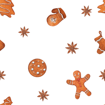 Seamless pattern of watercolor Christmas gingerbread cookies. Illustration of gingerbread man, sock, mitten, spruce and star anise for room decor, print, textile design. png