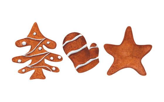 Set of watercolor Xmas gingerbread cookies decorated with white icing. Illustration of new year and Christmas pastries. Hand drawn mitten, star, spruce png