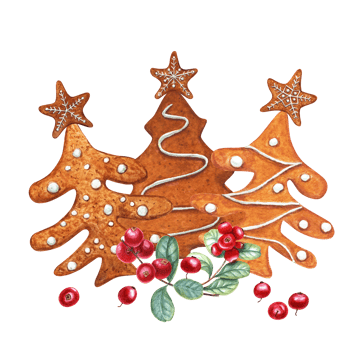 Set of watercolor Christmas gingerbread spruces decorated with white icing and red cowberries. Traditional pastries for Christmas and New Year cards, greetings, templates png