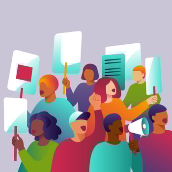 Diverse people on demonstration. Man and woman protest holding megaphone and placard. Protesting persons at political meeting, parade or rally. vector