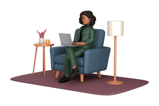 3d black business woman executive wearing green suit pose sitting with laptop thinking about idea isolated on transparent background, 3d rendering png