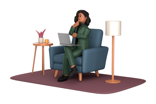 3d black business woman executive wearing green suit pose sitting with laptop thinking about idea isolated on transparent background, 3d rendering png