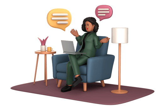 3d black business woman executive wearing green suit pose sitting with laptop thinking about idea isolated on transparent background, 3d rendering png