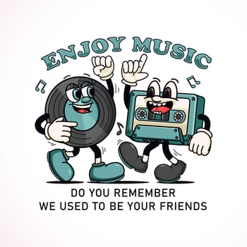 Retro mascot of vinyl records and cassettes that dances to the music. Perfect for logos, mascots, t-shirts, stickers and posters vector